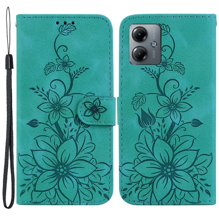 Para Motorola Moto G14 4G Lily Flower Imprint Cover PU Leather Wallet Stand Drop-proof Case - Verde