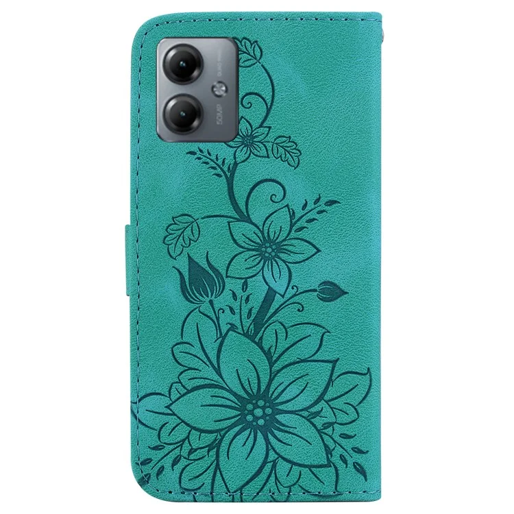 Para Motorola Moto G14 4G Lily Flower Imprint Cover PU Leather Wallet Stand Drop-proof Case - Verde