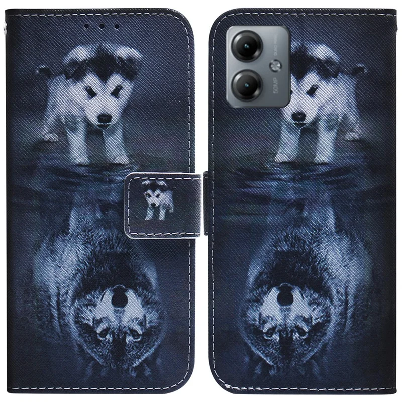 For Motorola Moto G14 4G Pattern Printing Leather Cover Stand Wallet Phone Case - Dog and Wolf
