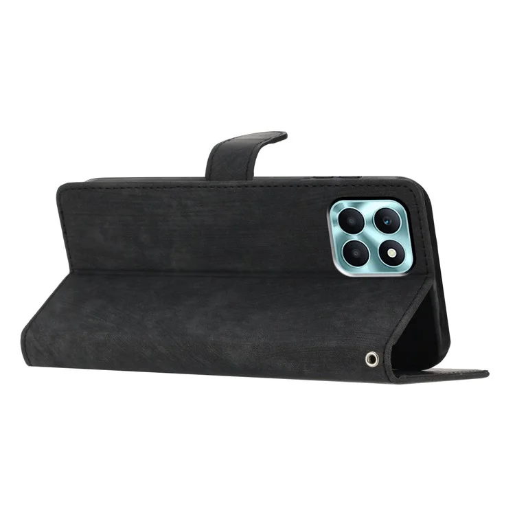 For Honor X6a 4G Case Skin-touch Leather Cover Wallet Stand Solid Color Phone Shell - Black
