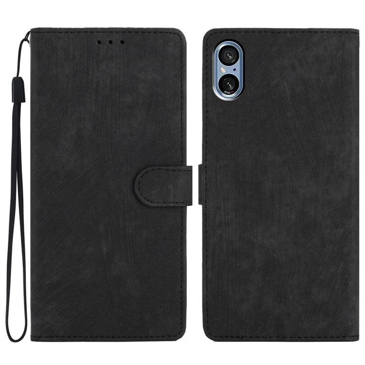 Para Sony Xperia 5 V Funda Sólida Color Piel-toque Cubierta de Teléfono Soporte - Negro