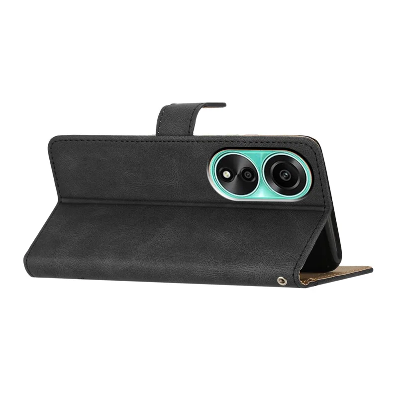 Para Oppo A58 4G Funda de Cartera de Cuero con Textura de Caballo Loco, Líneas Estampadas, Soporte - Negro