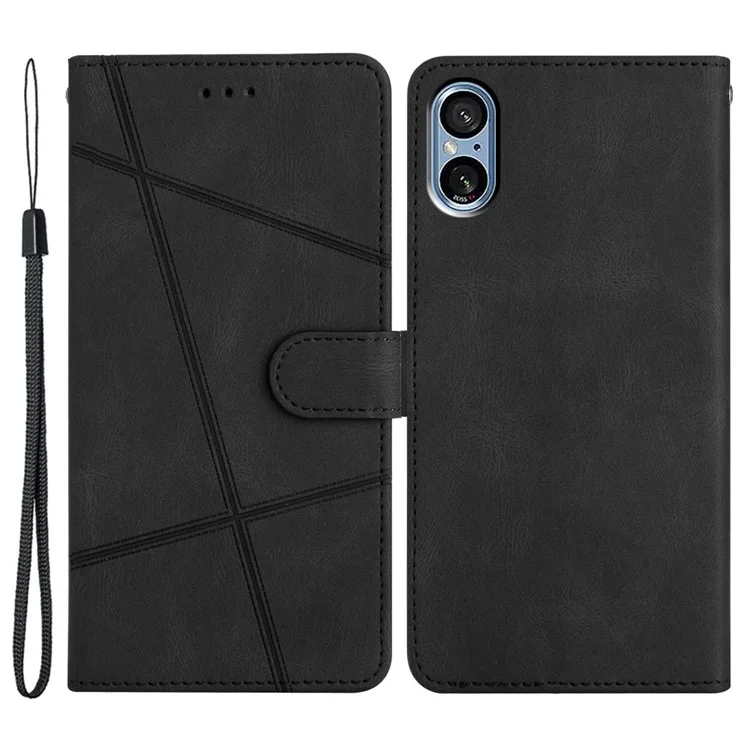 Para o Sony Xperia 5 V Stand Wallet Phone Case Crazy Horse Texture Leather Cover with Imprinted Lines - Preto