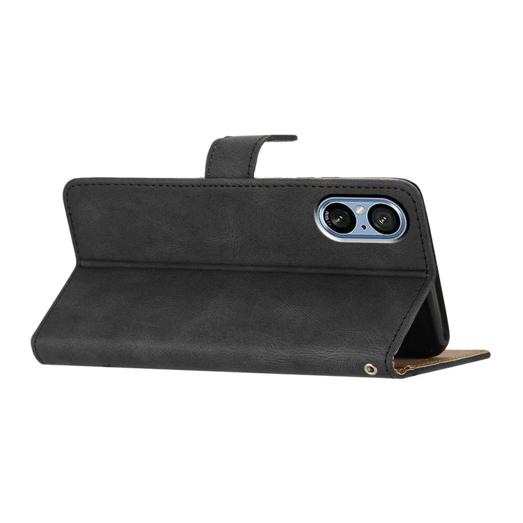 Para o Sony Xperia 5 V Stand Wallet Phone Case Crazy Horse Texture Leather Cover with Imprinted Lines - Preto