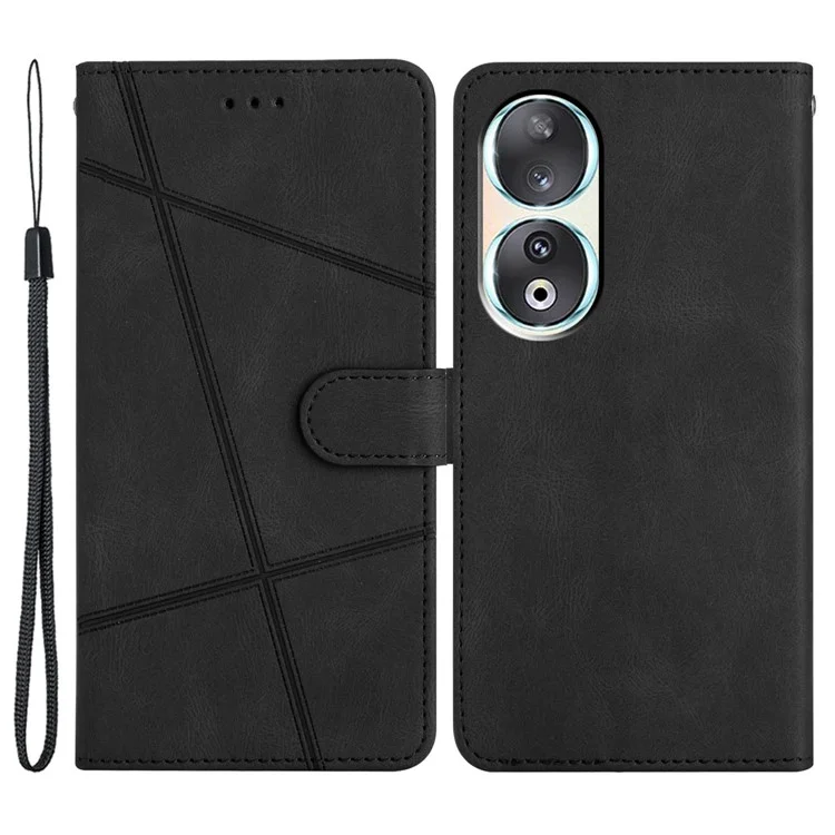 Wallet Phone Case for Honor 90 , Stand PU Leather Crazy Horse Texture Imprinted Lines Cover - Black