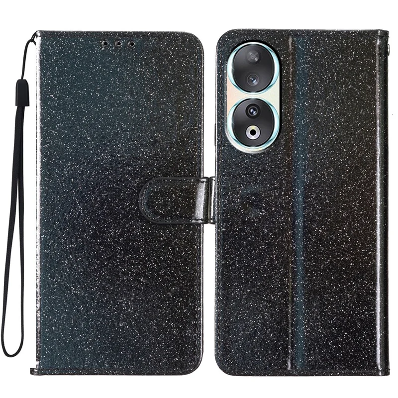 For Honor 90 Glittery PU Leather Wallet Stand Case Shockproof Phone Cover - Black