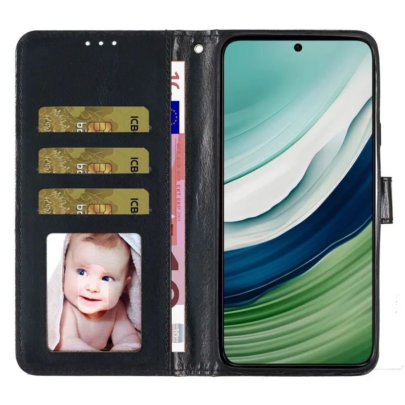 For Honor 90 Glittery PU Leather Wallet Stand Case Shockproof Phone Cover - Black
