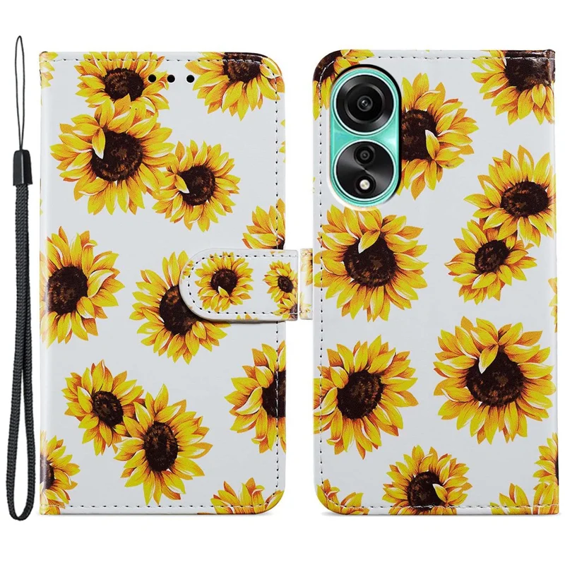 Pour Oppo A58 4G Étui en cuir PU Motif portefeuille Housse de téléphone avec sangle - Tournesol