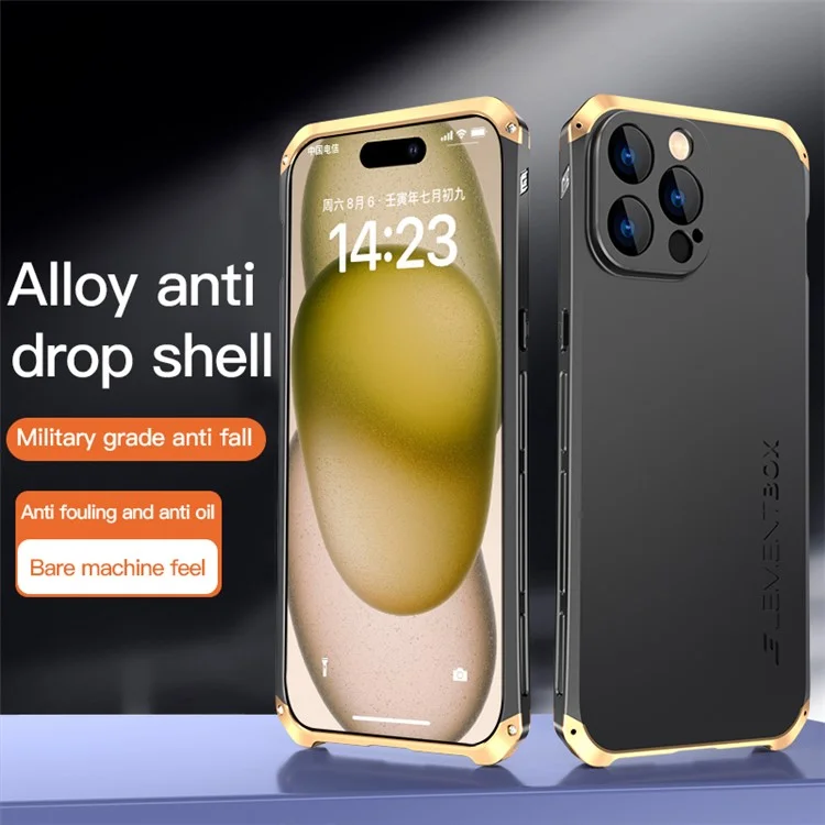ELEMENT BOX Ultra Slim Case for iPhone 15 Pro Case Metal+PC+Silicone Anti-Drop Phone Cover - Black / Gold