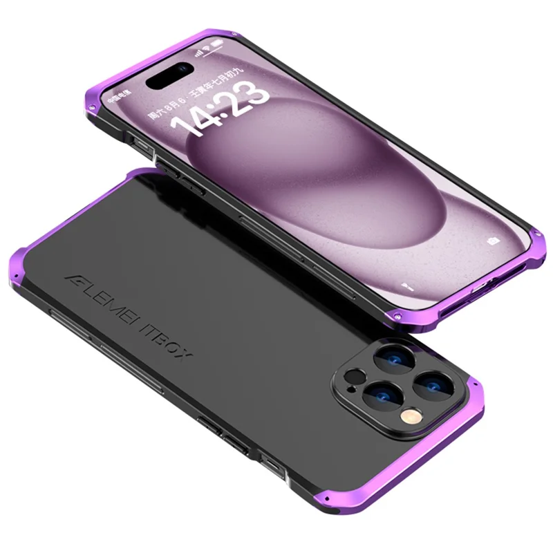 ELEMENT BOX Shockproof Case for iPhone 15 Pro Max Case Metal Frame PC+Silicone Slim Phone Cover - Black / Purple
