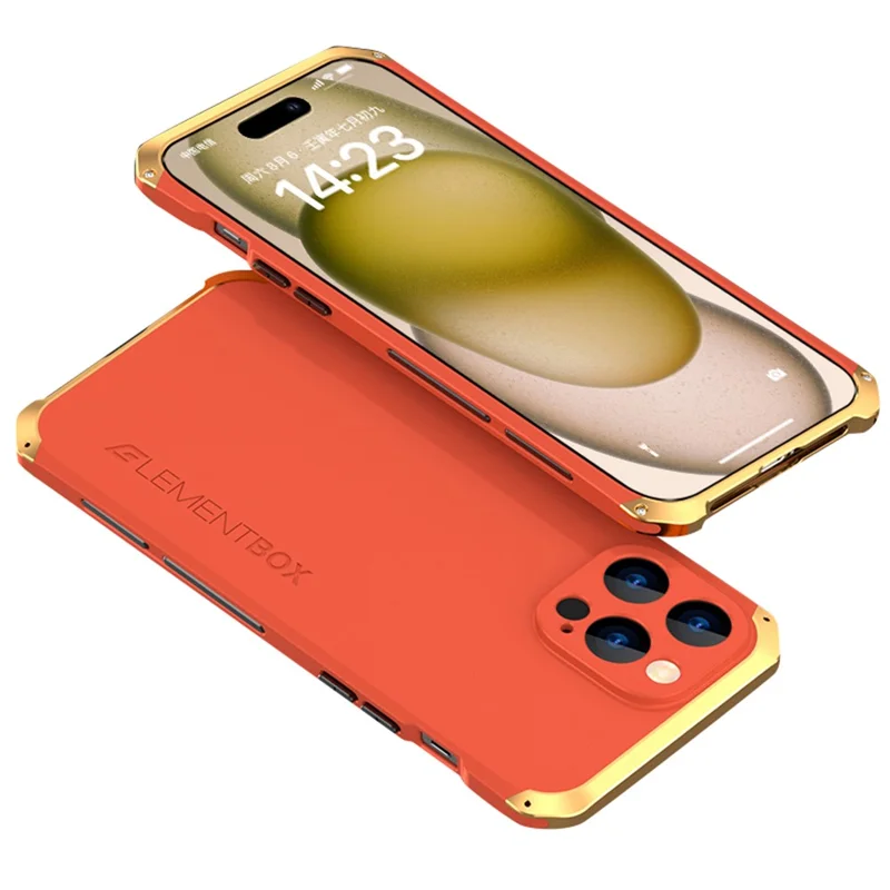 ELEMENT BOX Shockproof Case for iPhone 15 Pro Max Case Metal Frame PC+Silicone Slim Phone Cover - Red / Gold