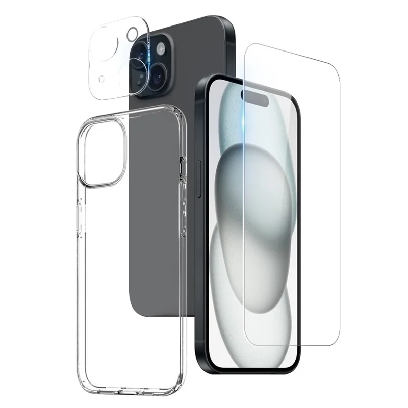 NORTHJO 3 in 1 TPU Cover for iPhone 15 Plus Case with HD Tempered Glass Screen Protector / Camera Lens Film