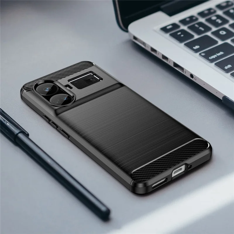 For Realme GT5 5G Case Carbon Texture Phone Cover Brushed TPU Phone Shell - Black