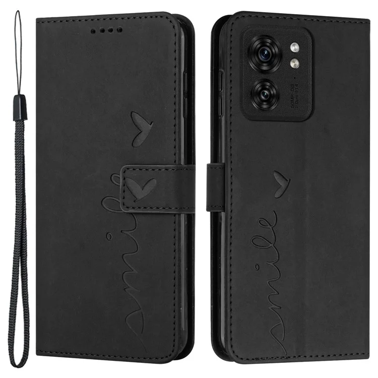 Funda de cuero con soporte y protección contra caídas para el Motorola Edge 40 5G, con diseño de corazón grabado - Negro