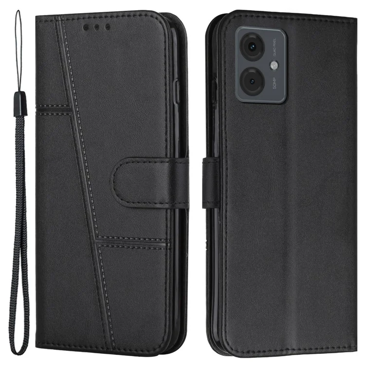 For Motorola Moto G14 4G Case Calf Texture Shockproof Wallet PU Leather Stand Phone Cover - Black