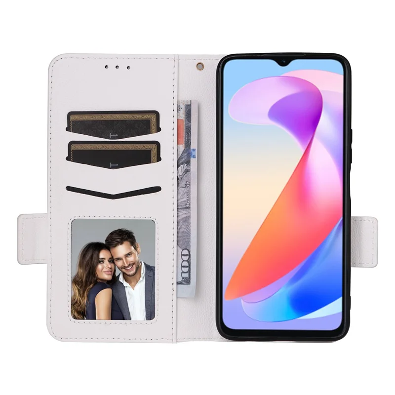 For Honor X6a 4G Litchi Textur Wallet Stand Cover Phone Case Anti-Scratch Leather Shell mit Riemen - Weiß