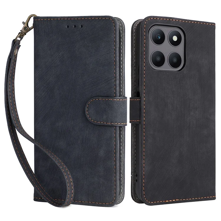 For Honor X6a 4G Capa de Telefone Cobertura de Carteira com Bloqueio RFID Anti-Arranhões Capa de Telefone com Suporte de Couro PU com Alça - Preto