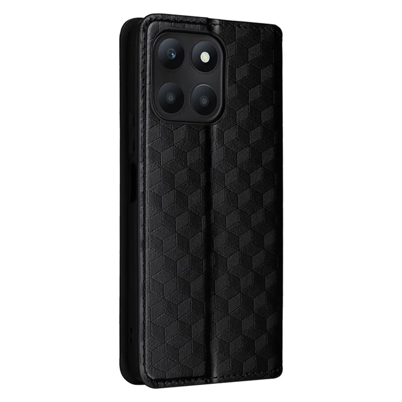 For Honor X6a 4G Slim-Fit PU Leather Stand Cover Rhombus Imprinted Wallet Phone Case Shell - Noir