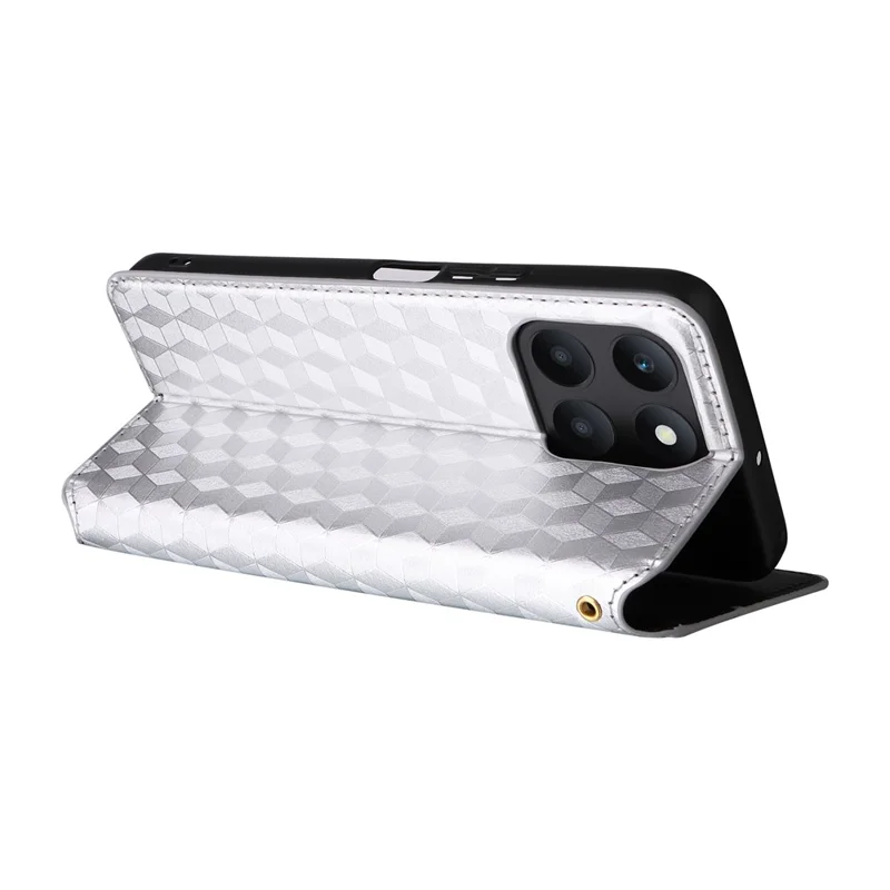 For Honor X6a 4G Slim-Fit PU Leather Stand Cover Rhombus Imprinted Wallet Phone Case Shell - Silver