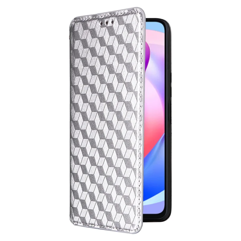 For Honor X6a 4G Slim-Fit PU Leather Stand Cover Rhombus Imprinted Wallet Phone Case Shell - Silver