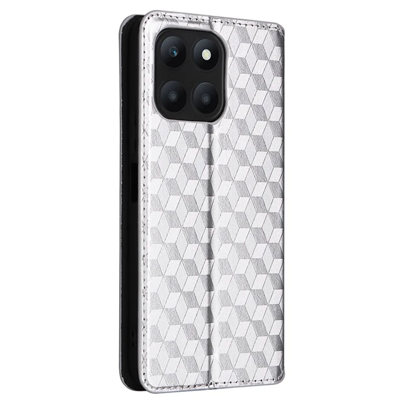 For Honor X6a 4G Slim-Fit PU Leather Stand Cover Rhombus Imprinted Wallet Phone Case Shell - Silver