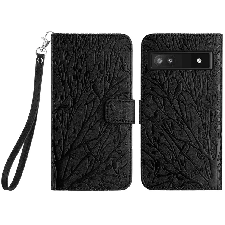 Per Google Pixel 7a Cover in pelle con impronta di albero e uccello Portafoglio Stand Custodia per telefono - Nero