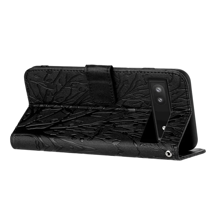 Per Google Pixel 7a Cover in pelle con impronta di albero e uccello Portafoglio Stand Custodia per telefono - Nero