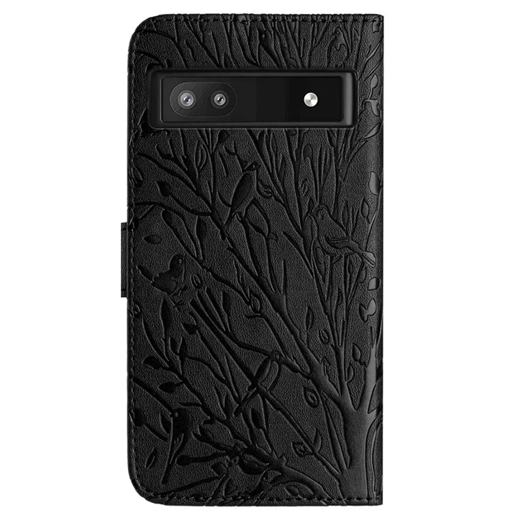 Per Google Pixel 7a Cover in pelle con impronta di albero e uccello Portafoglio Stand Custodia per telefono - Nero