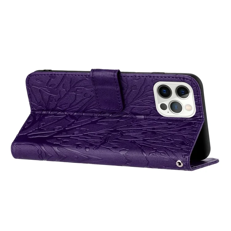 For iPhone 15 Pro Protective Cover Imprinted PU Leather Stand Cell Phone Case - Purple