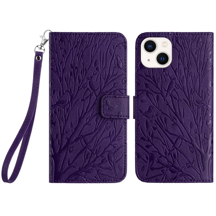 Para iPhone 13 / 14 Leather Case Tree Bird Imprint Smartphone Wallet Stand Case - Roxo