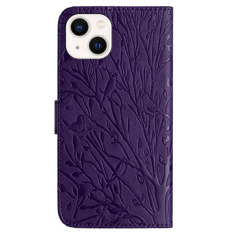 Para iPhone 13 / 14 Leather Case Tree Bird Imprint Smartphone Wallet Stand Case - Roxo