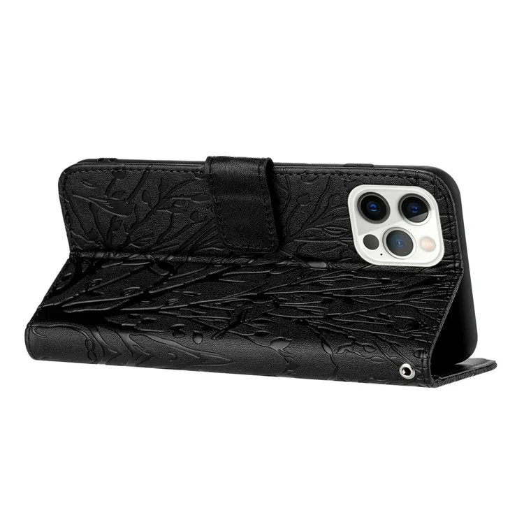 Para el caso del iPhone 15 Pro Max Solid Color Imprinted Leather Stand Cell Phone Case - Negro