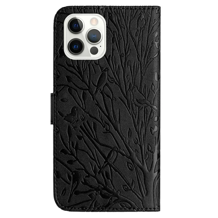 Para el caso del iPhone 15 Pro Max Solid Color Imprinted Leather Stand Cell Phone Case - Negro