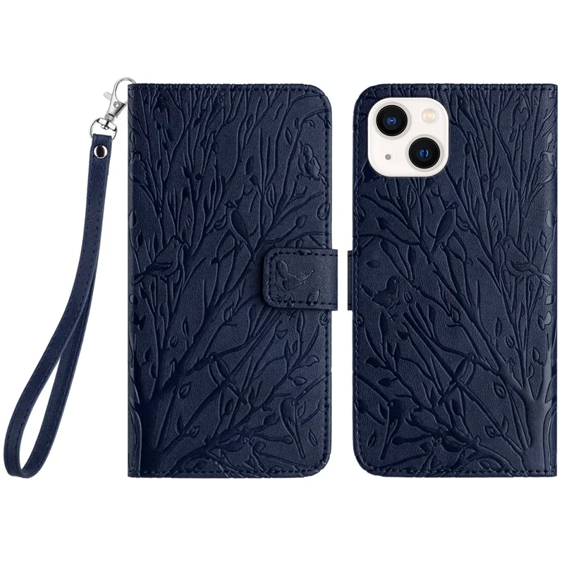 For iPhone 15 Plus Cover Tree Bird Imprint PU Leather Stand Cellphone Case - Blue