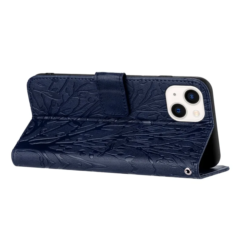 For iPhone 15 Plus Cover Tree Bird Imprint PU Leather Stand Cellphone Case - Blue