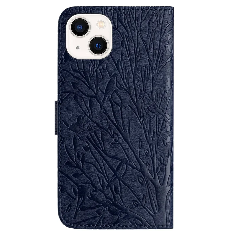 For iPhone 15 Plus Cover Tree Bird Imprint PU Leather Stand Cellphone Case - Blue