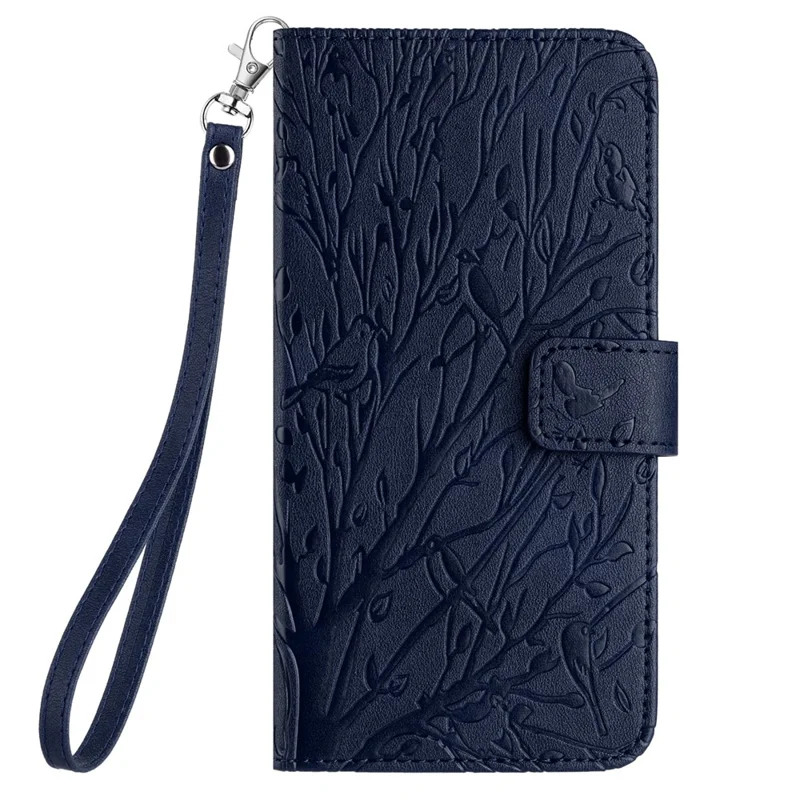 For iPhone 15 Plus Cover Tree Bird Imprint PU Leather Stand Cellphone Case - Blue