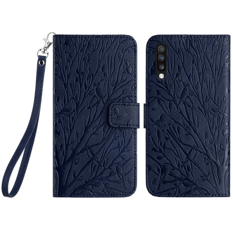For Samsung Galaxy A70 Leather Case Wallet Imprinted Leather Phone Cover - Blue