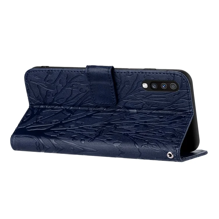 For Samsung Galaxy A70 Leather Case Wallet Imprinted Leather Phone Cover - Blue