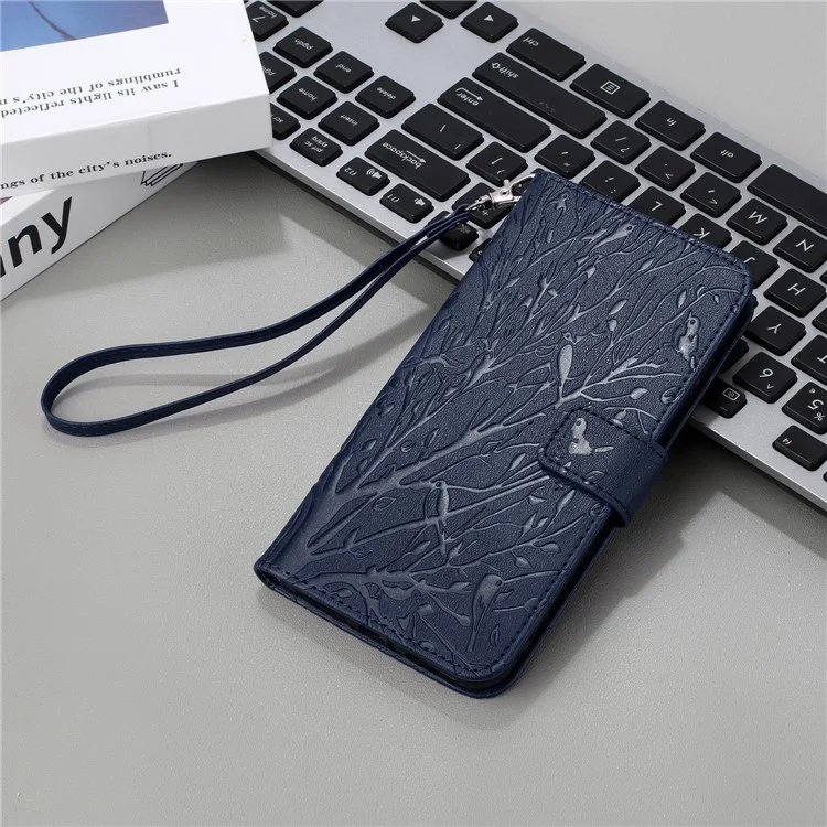 For Samsung Galaxy A70 Leather Case Wallet Imprinted Leather Phone Cover - Blue