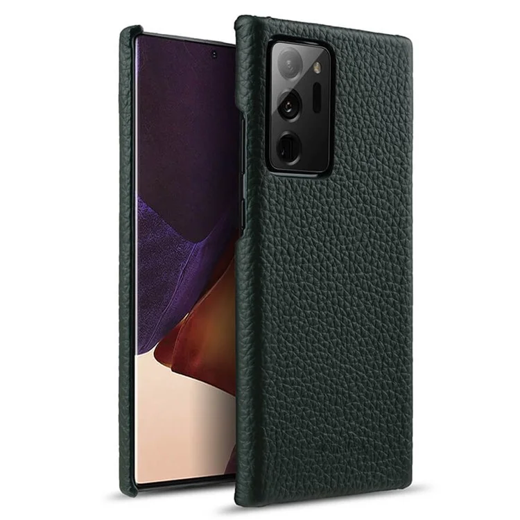 MELKCO Capa de Celular à Prova de Choque para Samsung Galaxy Note20 Ultra / Note20 Ultra 5G, Couro Genuíno de Vaca Revestido de PC Capa Protetora - Verde Meia-Noite