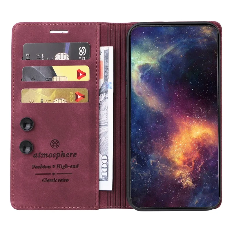 006 Series For iPhone 15 Pro Max Case PU Leather Foldable Stand Phone Cover - Wine Red