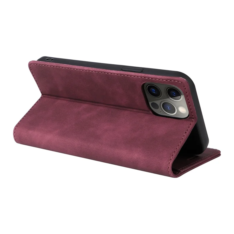 006 Series For iPhone 15 Pro Max Case PU Leather Foldable Stand Phone Cover - Wine Red