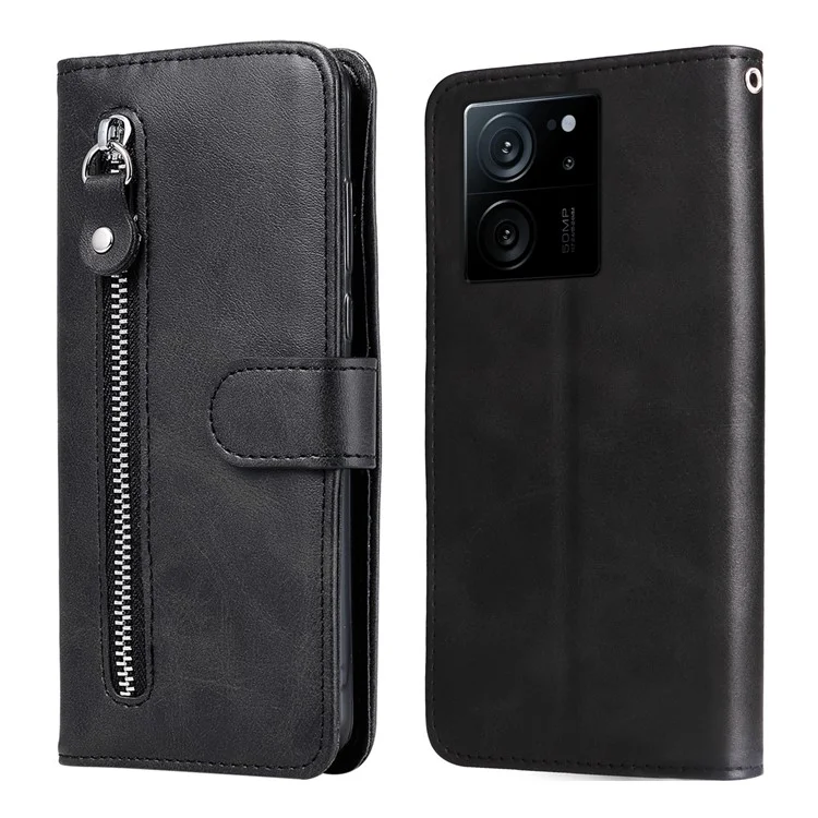 For Xiaomi Redmi K60 Ultra / 13T / 13T Pro Case Shockproof Shell Zipper Pocket Wallet Stand Phone Cover - Black