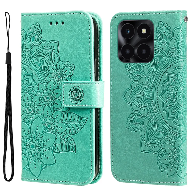 For Honor X6a 4G Case Floral Pattern PU Leather Wallet Stand Phone Cover - Green