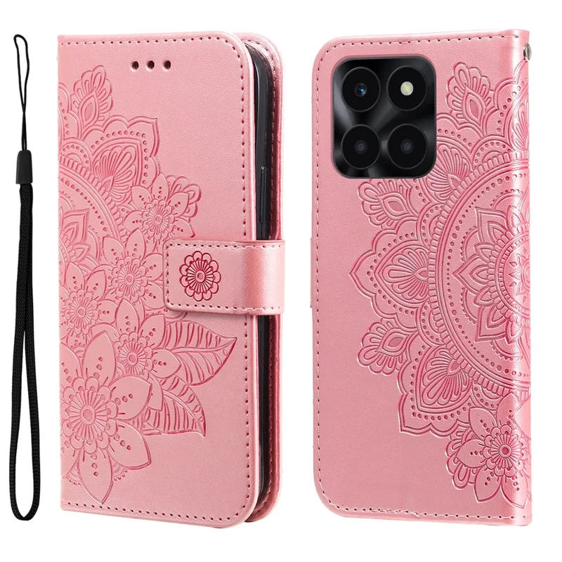 For Honor X6a 4G Case Floral Pattern PU Leather Wallet Stand Phone Cover - Pink