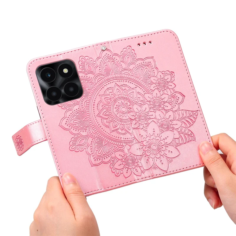 For Honor X6a 4G Case Floral Pattern PU Leather Wallet Stand Phone Cover - Pink