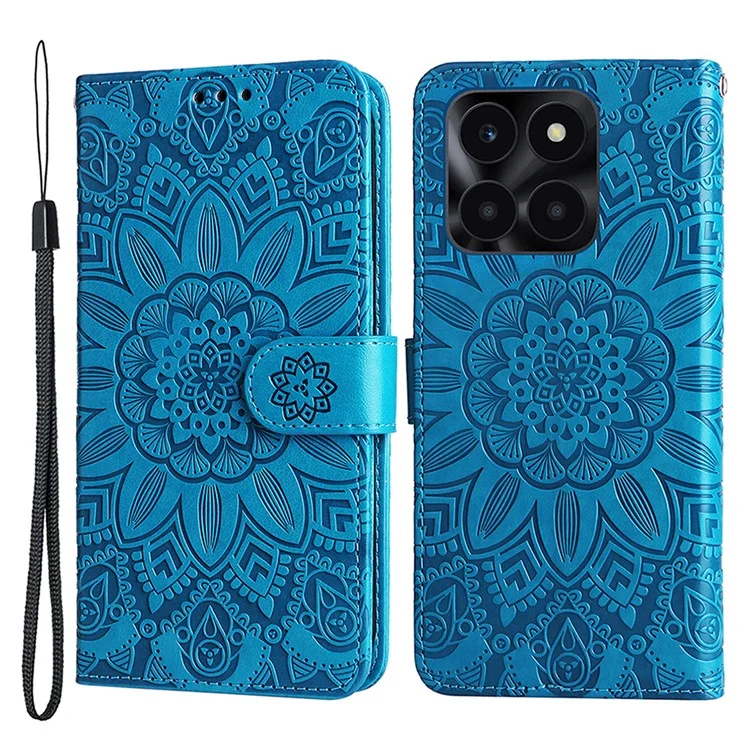 For Honor X6a 4G Case PU Leather Sunflower Imprinted Phone Cover Wallet Stand Shell - Azul