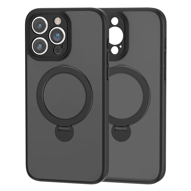 For iPhone 15 Pro Max Kickstand Phone Case Anti-Scratch TPU+Acrylic Magnetic Cover - Translucent Black