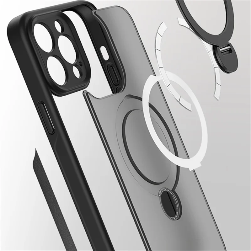 For iPhone 15 Pro Max Kickstand Phone Case Anti-Scratch TPU+Acrylic Magnetic Cover - Translucent Black